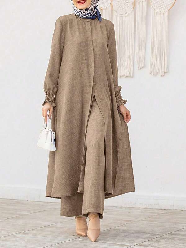 Spring/Summer/Autumn Round Neck Cardigan Elegant Solid Color Simple Casual Comfortable Dress Robe Top & Elastic Waist Arabian Long Pants 2pcs Set, Suitable For Garden Party, Commuting, Work