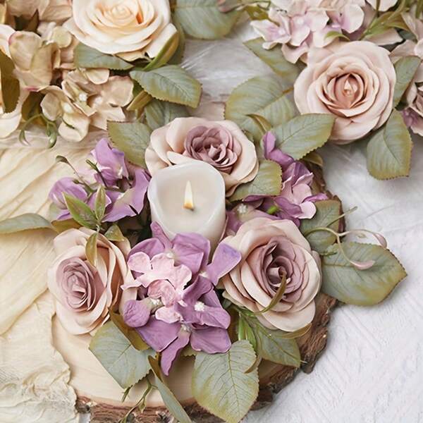 1 pieza Soporte de vela con corona artificial de rosa e hortensias, centro de mesa decorativo para boda, fiesta, ducha nupcial, Día de San Valentín, decoración de habitación u oficina, perfecto para cumpleaños, graduación, Navidad, flores de seda con base vintage