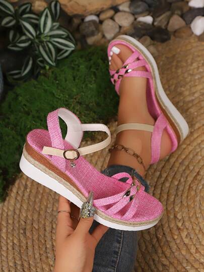 Sandali con fondo intrecciato e zeppa da donna, scarpe casual da donna con cinturino alla caviglia e suola spessa, calzature estive versatili