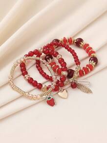 4 pièces/set Bracelet multicouche avec pendentifs en forme de feuilles de cerisier, fraises et franges en perles de verre de style bohème, convient pour les femmes au quotidien, la plage, les vacances, la remise des diplômes, en cadeau