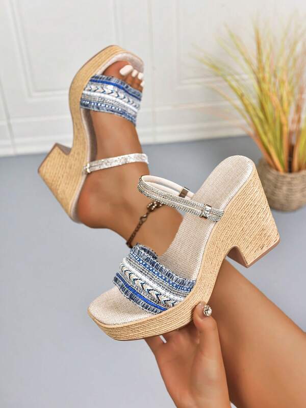 Women's Boho Style Faux Pearl Decorated Woven Platform Wedge Sandals, Fashionable Rhinestone Embellished Waterproof Chunky Heel Sandals. Blue Wedge Shoes With Summer Holiday Vibe, Suitable For Daily Wear, Events And Festivals