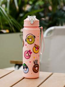 1pc 700ml/23oz Cartoon Donut Pattern Plastic Water Bottle, Children Plastic Water Cup With Lid, Lockable Design, Lanyard, Portable For School, Outdoor Sports, Camping, Picnic