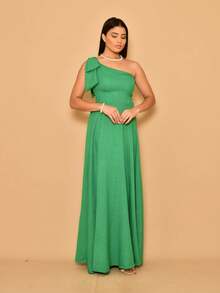 Helena Long Dress Luxury Plain Duna Linen With Bow One Shoulder - 綠色 - 查看 4