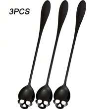 3/5pcs Skull Shaped Iced Tea Spoon Sets, Gothic Design Mixing Spoons, High Quality Stainless Steel Long Handle Spoons Suitable For Milkshakes/Smoothies/Iced Coffee, Ideal Gifts For Day Of The Dead/Christmas/Thanksgiving, Kitchen & Cafe Back To School
