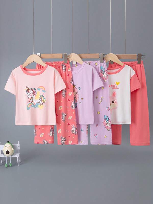 6pcs/Set Girls Cartoon Lightweight Short Sleeve & 7/8 Pants Pajama Sets, Summer Sleepwear, Cotton, Unicorn & Mermaid Prints