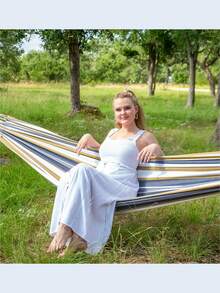 Portable Camping Hammock, Double Hanging Hammock, Heavy Duty Hammock, Outdoor Hammock, Patio Canvas Hammock, Sturdy And Comfortable Fabric Hammock With Tree Straps, Load-Bearing Up To 440 Lbs, Comes With Travel Bag, Suitable For Outdoor/Indoor Patio/Backyard. - Multicolor - View 5