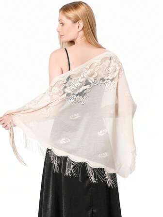 1 件女式 29.5 英寸 * 78.7 英寸优雅镂空流苏蕾丝三角围巾披肩，休闲时尚纯色花卉印花披肩，适合日常、晚间和户外使用