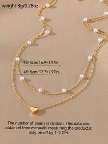 2pcs Heart-Shaped Pearl Pendant Necklace Set, Suitable For Daily Wear And Parties, Gift Fashionable Elegant All-Season Jewelry Daily Wear Jewelry Simple Stylish Party Jewelry Minimalist Versatile Gift Jewelry Minimalist Office Accessories  Light Luxury Elegant All-Season Jewelry - 金色 - 查看 3