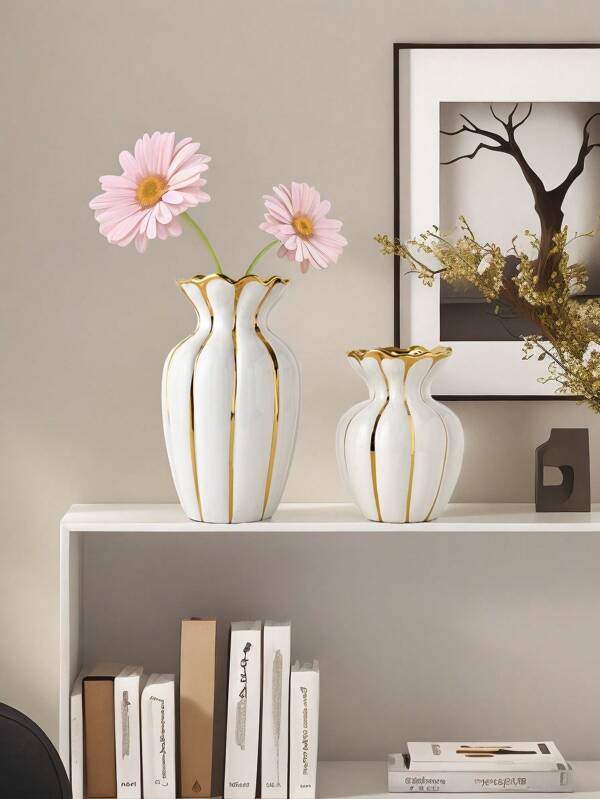 1PC Black Ceramic Painted Gold Edged Vase, Centerpieces Decorative Vase, Suitable For Modern Living Room Decoration, Dining Table Decoration, Office Desktop Decoration Flower Arrangement Vase, Wedding Flower Planting Hydroponics, Luxury Home Decoration Accessories