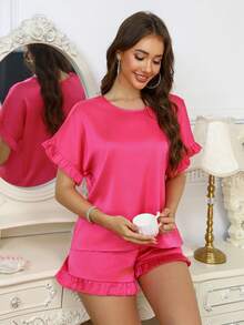 夏季新款宽松透气纯色短袖上衣短裤睡衣套装