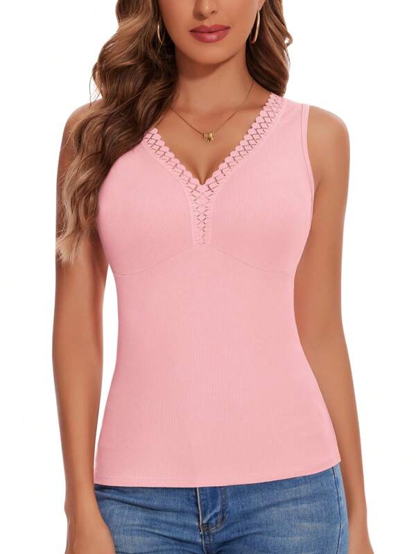 V Neck Tank Top For Women Lace Slim Fitted Sexy Basic Shirts Cami Sleeveless Summer Tops