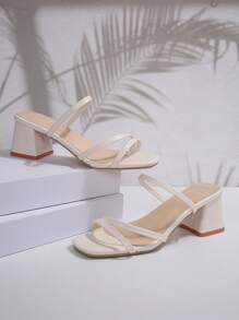 Women's Elegant White High-Heel Sandals - Square Toe, Chunky Heel, Faux Leather Strap, All-Season Formal Shoes, Stiletto Heel