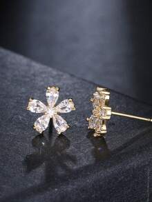1 Pair Cute Transparent Zirconia Flower Stud Earrings, Suitable For Women's Wedding Wear, Shiny Crystal Fashion Bridal Jewelry - Gold - View 6