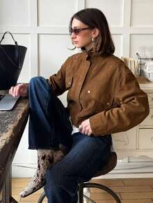Chaqueta marrón para mujer - Abrigo casual de manga larga con cuello alto y bolsillos, ropa de abrigo para primavera y otoño