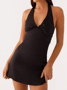 Women's Halter Deep V Neck Backless Summer Mini Dress Sleeveless Back Tie-Up Cocktail Party Short Dresses - màu đen - Xem 2