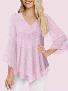 CheersLife Women Dressy Blouse V Neck Double Layers Elastic Mesh Casual Flowy Work Shirts Ruffle 3/4 Flared Sleeve Tunic Tops