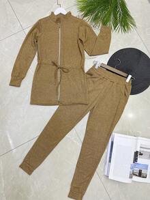 Women's Set Of Stretch Fabric Pants With Pocket - Khaki - View 1