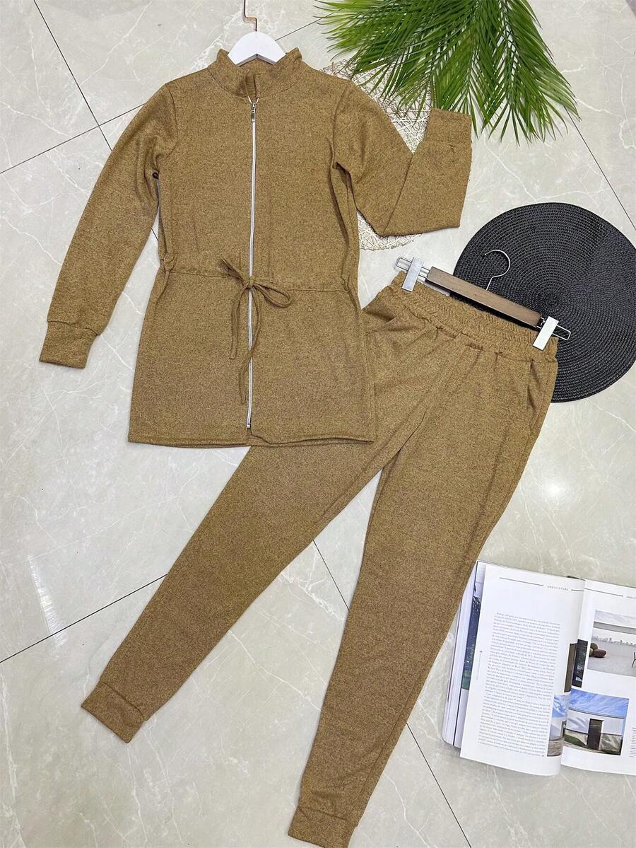 Women's Set Of Stretch Fabric Pants With Pocket - Khaki - View 1