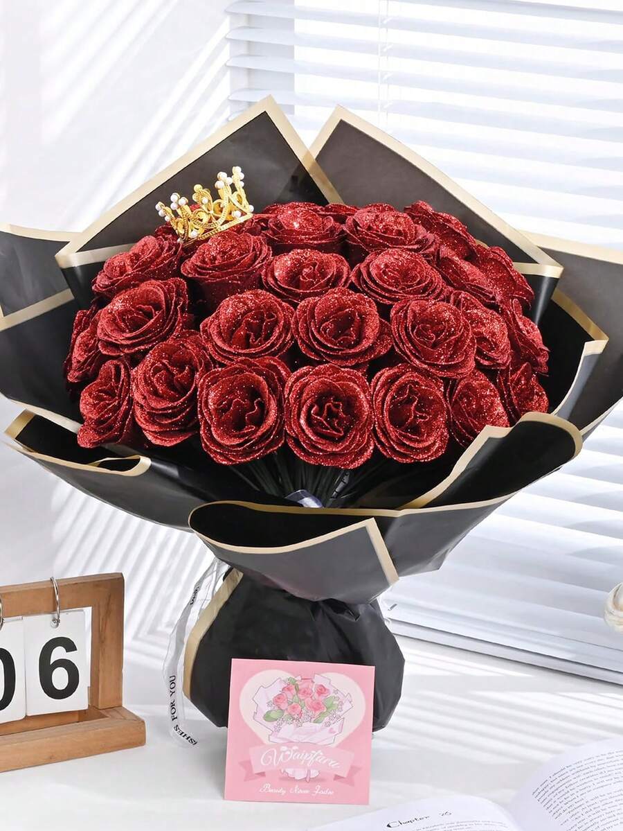 20/10支闪亮玫瑰花束,DIY人造闪光玫瑰花束,红色仿真花,人造玫瑰,永不凋谢的闪亮人造玫瑰花束,适用于周年纪念、订婚、结婚礼物、家居装饰、办公室和厨房装饰、派对装饰、房间装饰、情人节装饰、母亲节装饰、情人节礼物、生日礼物、毕业礼物(不含礼品袋) - 彩色 - 查看 1