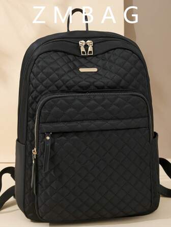 Women Nylon Solid Color Quilted Large Capacity Versatile Backpack, Minimalist Casual Student School Travel Commuting Bag, Preppy Backpack For Schoolback To School Essentials