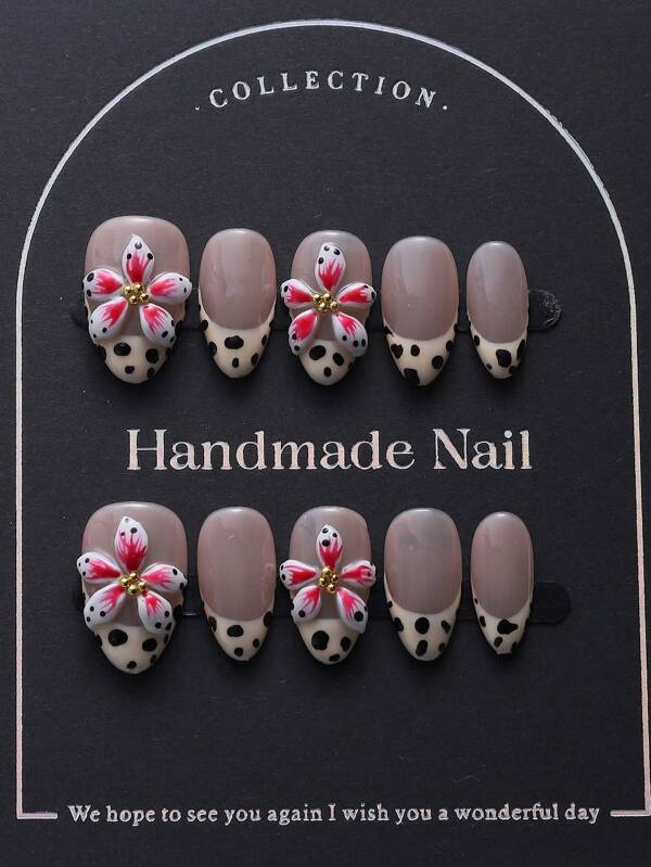 10pcs Almond-Shaped Nail Tips, Hand-Painted French Leopard Print, 3D Embossed Floral Design, Luxury Handmade, Cute, Elegant, Suitable For Ladies And Girls