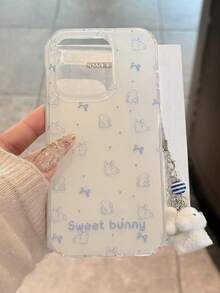 可爱卡通线条兔子蝴蝶结爱心小狗吊坠糖果手机壳，兼容 17 Air、17 Pro Max、16 Pro Max、15、14 Pro、13、12、11，可爱柔软，甜美少女风 - 兔子殼+骨頭狗貓爪掛繩 - 查看 3