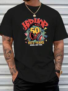 Camiseta gráfica de hip hop para hombres, 50.º aniversario 1973 Bronx Nueva York, camiseta casual de cuello redondo y manga corta, tejido de poliéster transpirable, ligera elasticidad, ajuste regular, top de moda de verano - 180gsm - Negro - Ver 4