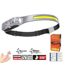 1pc 230°Wide Angle Sensor Headlamp | COB+XPE Dual Light Beads + 6 Lighting Modes | Elastic Silicone Headband For Comfortable Wear | Type-C Fast Charging + IP65 Waterproof | Outdoor Adventure, Night Running, Fishing, Camping Gear