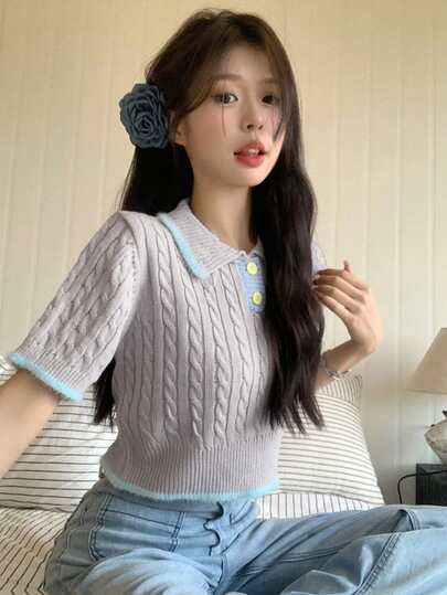 新款女士撞色Polo领麻花针织毛边下摆露脐上衣