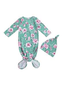 Conjunto de 2 sacos de dormir para bebé, estilo pastoral informal, cuello redondo, manga larga, estampado floral de dibujos animados, bolsillo para dormir con botones y gorro redondo elástico. - Verde - Ver 3
