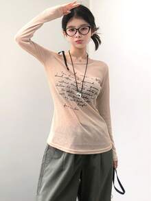 休闲风格新款不对称领口长袖T恤女夏季轻薄字母印花宽松披肩罩衫 - 杏色 - 查看 2