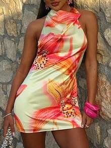 Women Floral Pirnt Halter Backless Mini Dress Bodycon Sexy Pary Short Dress Vacation Evening Club Prom Clothes - Light Yellow - View 10