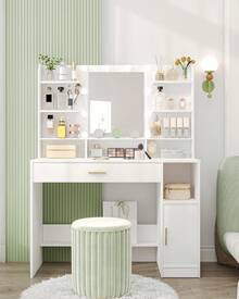 HaluPeit Dressing Table, Large Tabletop With Mirror, LED Light With Adjustable Brightness, Organiser Drawers And Storage Cabinets, Open Shelves, For Bedroom, Cloakroom, White - White - View 3