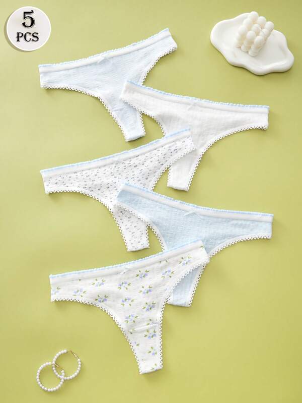 5 peças lingerie estampada fofa tanga sexy laço renda branca roupa íntima feminina fresca e elástica verão casual calcinha esportiva para mulheres respirável macia e confortável fio dental