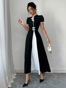 Summer Black & White Contrast Collar Puff Sleeve Cinching Waist Button Down Midi Elegant Office Fitted Dress For Women