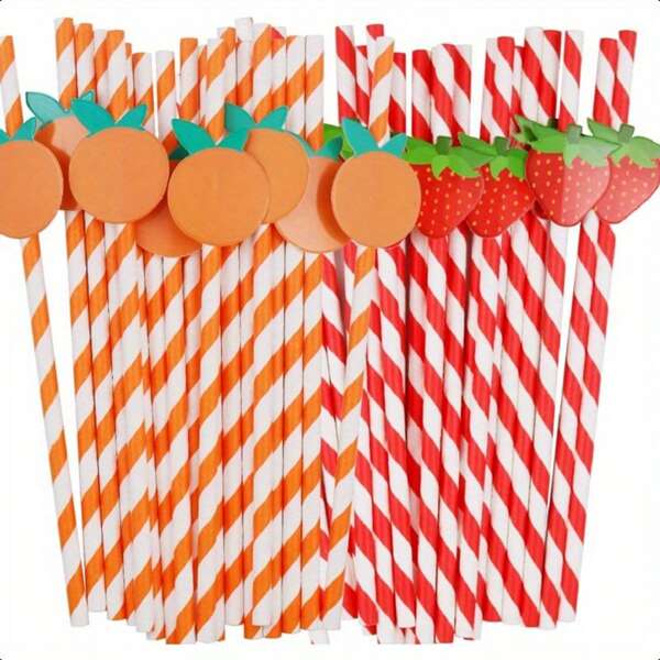 10 piezas Pajitas de papel con diseño de fresa y naranja, pajitas de papel de alta calidad adecuadas para cócteles, batidos, café, limonada
