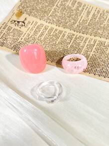 3pcs Delicate Pink Vintage Personalized Transparent Geometric Rings Set, Versatile Daily Wear, Suitable As Gift For Friends