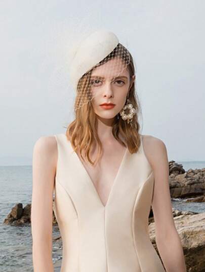 HIMESPORT Elegant Beige White Black Sinamay Fascinator Hats With Veil Vintage Derby Formal Church Cocktail Wedding Bride Tea Party Dress Hat For Women Ladies