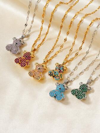 1pc Colorful Cubic Zirconia Decorative Bow & Bear Pendant Necklace