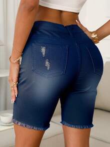 Women's Summer Solid Color Mid-Waisted Ripped Denim Shorts - Navy Blue - View 3