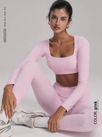 FWH Cropped Long-Sleeve Top + Pants, Second-Skin Naked Feel Tummy Control & Booty Lifting Design Sculpting Pants, Naked-Feel Fabric For Pilates/Gym Booty-Lifting Pants, Squat-Proof For Yoga/Dance Open-Back Yoga Set