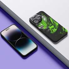 The Phone Case Features A Swirling Abstract Design With Neon Green And Black Colors. Phone Case For Apple  16 15 14 13 12 11 Mini Plus Pro Max Gifts For Friends, Couples, Family - Black - View 2
