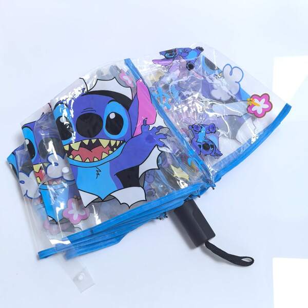Disney Stitch Manual Open/Close Transparent Umbrella - 8-Rib Compact Foldable Design With Cute Cartoon Character & Floral Patterns, Portable Sun & Rain Protection For Everyday Use, Clear Pocket Design