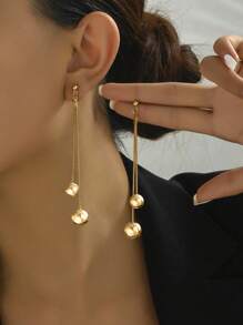 1 Pair Fashion Geometric Golden Double-Line Round Ball Pendant Design Earrings For Women, Unique Personalized Tassel Earrings, Versatile Daily Wear Jewelry