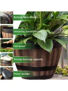 A Set Of Old-Fashioned Whisky Cask Flowerpots With Trays - 2pcs (One Base + One Flowerpot), Striped Plastic Flowerpots With Drainage Holes, Suitable For Living Rooms, Bedrooms, Outdoors, Gardens, Balconies, Apartments, Offices, And Rural Inns. Flowerpots, Flower Baskets, Suitable For Growing Herbs And Succulents - Round Garden Flowerpots - View 7