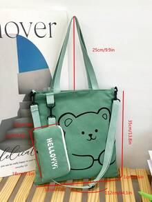 帆布手提包，学生单肩包，斜挎帆布包，多功能大容量背包 - 綠色 - 查看 7