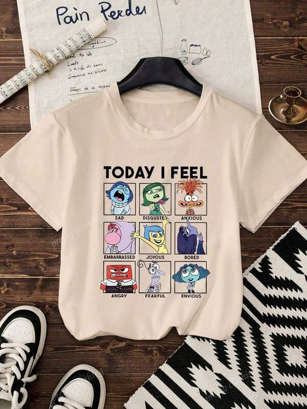 Disney Women's New Round Neck Short Sleeved Summer, Casual Cartoon Pattern Printed Round Neck T-Shirt, Sweet And Gentle Temperament, Slim And Comfortable Summer Tops, Suitable For Daily Casual Wear, Graphic Tees Women,Summer Outfits For Women