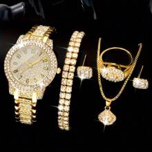 7pcs Women's Watches Fashion Digital Scale Dial Rhinestone Quartz Watch Round Hands Women's Watches & Jewelry Accessories Rhinestone Necklace Bracelet Earrings Ring Set Party Wedding Gift Beach Vacation Valentine Gift