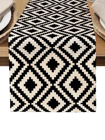 1pc Black & White Geometric Pattern Printed Table Runner, 4/6/8pcs Geometric Printed Placemats, Suitable For Festivals, Parties, Birthdays, Dinners, Kitchen & Dining Room Table Decor, Versatile Home & Room Decoration