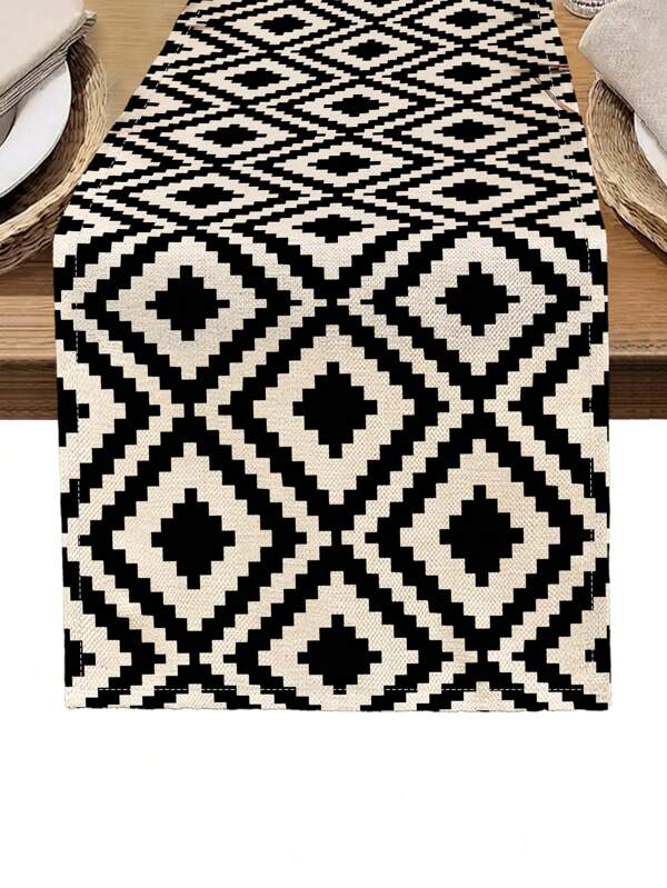 1pc Black & White Geometric Pattern Printed Table Runner, 4/6/8pcs Geometric Printed Placemats, Suitable For Festivals, Parties, Birthdays, Dinners, Kitchen & Dining Room Table Decor, Versatile Home & Room Decoration